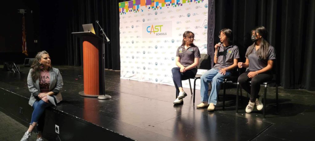 Dalia Contreras, CEO of City Education Partners leads a panel of students at the CAST charter school in San Antonio.